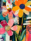 Vier verschillende grote bloemen in roze, goud en oranje op een kleurrijke achtergrond met cirkels en stippen.