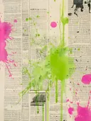 Abstract schilderij met felgroene en roze verfspatten op krantenpapier