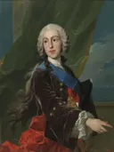 Felipe de Borbón y Farnesio, Infante of Spain, Duke of Parma van Louis-Michel van Loo: portret met jongeman, pruik, blauw lint en rode mantel, in rood en donkerbruin