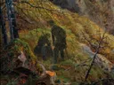 Felsenschlucht ( ) WUS08542 van Caspar David Friedrich: landschap met rotsen, kloof, bomen en mos, in donkergroen en bruin