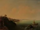 Felsküste und Segelboote van Carlo Brioschi: zee met rotskust, zeilboten, zee en wolken, in warm beige met blauw