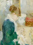 Femme cousant (Woman Sewing), ca. 1879 van Berthe Morisot: figuren met vrouw, naaien, interieur en rug, in groen en wit