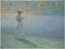 (Femme lisant dans un paysage085120) van Henri Le Sidaner: figuren met vrouw, lezen, tuin en mist, in zacht groen en blauw