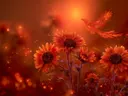 Schilderij van een vurige feniks die boven zonnebloemen vliegt bij zonsondergang