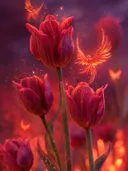 Schilderij van rode tulpen met vlammende feniksvogels