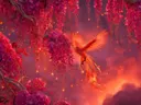Schilderij van een vurige feniks tussen roze blauweregen bloemen