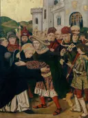 Ferdinand I of Castile welcoming Saint Dominic of Silos van Bartolomé Bermejo / Martín Bernat: figuren met mannen, harnas, stad en kostuums, in warm rood en groen