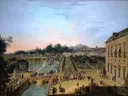 Ferdinand VI and Barbara of Braganza in the Gardens of Aranjuez van Francesco Battaglioli: stad met paleis, tuin, water en menigte, in zachtblauw en roze