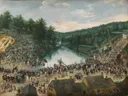 Fest Unserer Lieben Frau vom Wald van Denis van Alsloot: landschap met menigte, processie, bomen en dorp, in groen en lichtblauw
