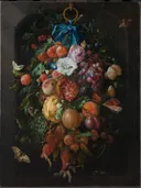 Festoen van vruchten en bloemen van Jan Davidsz de Heem: stilleven met festoen, vruchten, bloemen en druiven, in warm rood en goud op donker