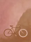 Schilderij van fiets in poederroze en bruin, in vlakke kleurvlakken