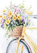 Fiets met mand vol pastelbloemen, botanisch schilderij
