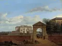Figuren bij een landhuis van Jan van der Heyden: stad met poort, gebouwen, figuren en kar, in warm beige en blauw