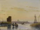 Figuren op een bevroren waterweg van Andreas Schelfhout: landschap met winter, ijs, schaatsers en toren, in gedempt grijsbeige