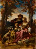 Figures and a Dog in a Landscape van Narcisse Virgilio Díaz: figuren met herfst, bomen, hond en zittende figuren, in herfstbruin en rood