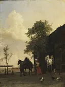 Figures with Horses by a Stable van Paulus Potter: dieren met paarden, boerderij, mensen en hond, in warm beige en blauw