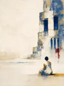 Schilderij: figuur bij een blauwe ruïne