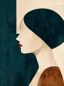 Figuur en profil in diep zeegroen, mid-century modern schilderij