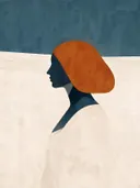 Figuur en profil in leiblauw, mid-century modern schilderij