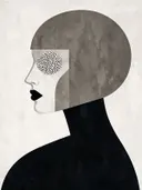 Figuur en profil in warmgrijs, mid-century modern schilderij