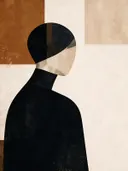 Figuur half afgewend in oker, mid-century modern schilderij