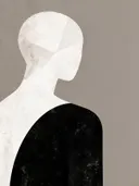Figuur half afgewend in warmgrijs, mid-century modern schilderij