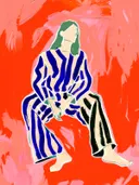 Abstract schilderij van zittende figuur in gestreept gewaad