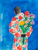 Figuur met bloemenboeket schilderij, aquarel silhouet met kleurrijk boeket