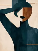 Figuur met geheven arm in diep zeegroen, mid-century modern schilderij