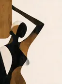 Figuur met geheven arm in oker, mid-century modern schilderij