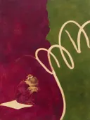 Figuur met hond in magenta en olijfgroen, abstract schilderij