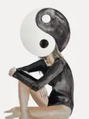 Illustratie van een figuur in zwarte kleding met een yin-yang-teken als hoofd, zittend met opgetrokken knieën