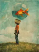 Figuur met een gestreepte muts, kijkend naar een zwevende glazen bol met goudvis erboven