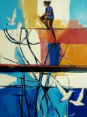 Kleurrijk schilderij van figuur op steiger