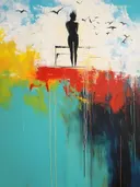 Silhouetfiguur op kleurrijk platform met vogels