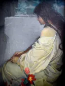 Fille aux cheveux lâchés et aux tulipes 02 van Alfons Mucha: figuren met vrouw, lang haar, witte jurk en tulp, in gedempt blauwgrijs met rood