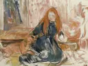 (Fillette jouant avec un chien).webp van Berthe Morisot: figuren met meisje, hond, zittend en interieur, in zacht roze en blauw
