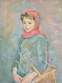 (Fillette portant un panier044102) van Berthe Morisot: figuren met meisje, mand, rode muts en staand, in zacht blauw en roze