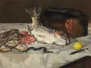 Fish (Still Life) van Edouard Manet: stilleven met vis, oesters, aal en citroen, in donker met wit en rood