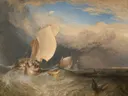 Fishing Boats with Hucksters Bargaining for Fish van J. M. W. Turner: zee met zeilboten, vissers, golven en zee, in goudbruin en grijs