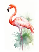 Aquarel van een flamingo in oranjeroze tinten met groene plantensplash op de achtergrond.
