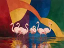 Schilderij van flamingo in alle kleuren van de regenboog, in vlakke kleurvlakken