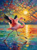 Flamingo in beweging bij bloesem, schilderij van flamingo