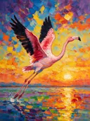 Flamingo in beweging in de mist, schilderij van flamingo