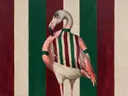 Schilderij van flamingo in bordeaux en bosgroen, in vlakke kleurvlakken