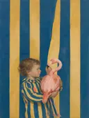 Flamingo in delfsblauw en mosterd, schilderij van flamingo