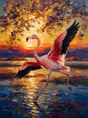 Flamingo in diep beweging bij bloesem, schilderij van flamingo