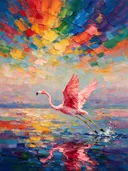Flamingo in diep beweging in de mist, schilderij van flamingo