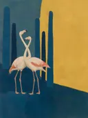 Flamingo in diep delfsblauw en mosterd, schilderij van flamingo