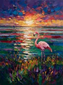 Flamingo in diep het landschap aan het water, schilderij van flamingo